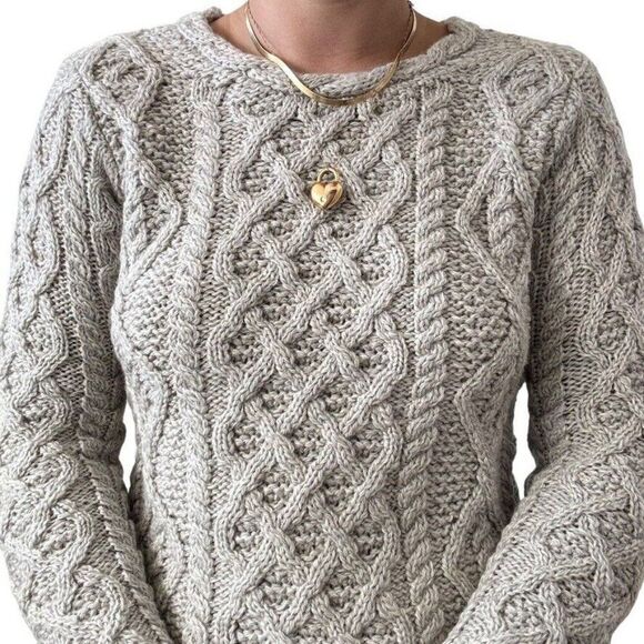 Aran Sweater Market Womens Light Gray Irish Fisherman Chunky 100% Wool Sweater S - Picture 7 of 7